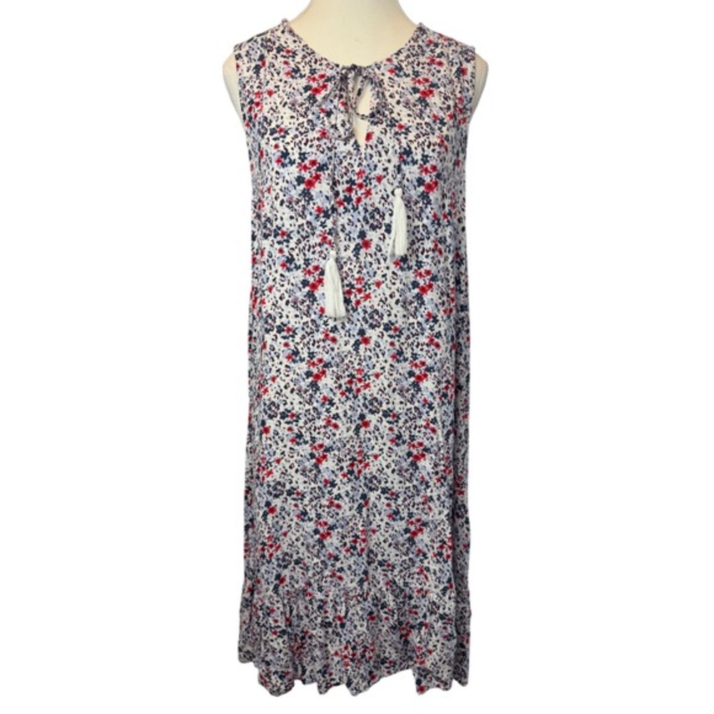 Beach Lunch Lounge Med Floral Midi Dress Red White Blue Sleeveless Patriotic USA